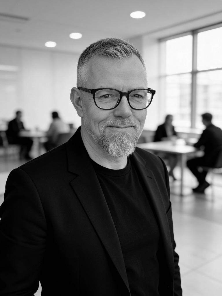 Black and white portrait of Daniel Kongstad Sebenius in a modern office.