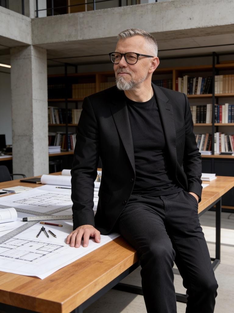 Professional in a bright office with desk plans and drawing tools.